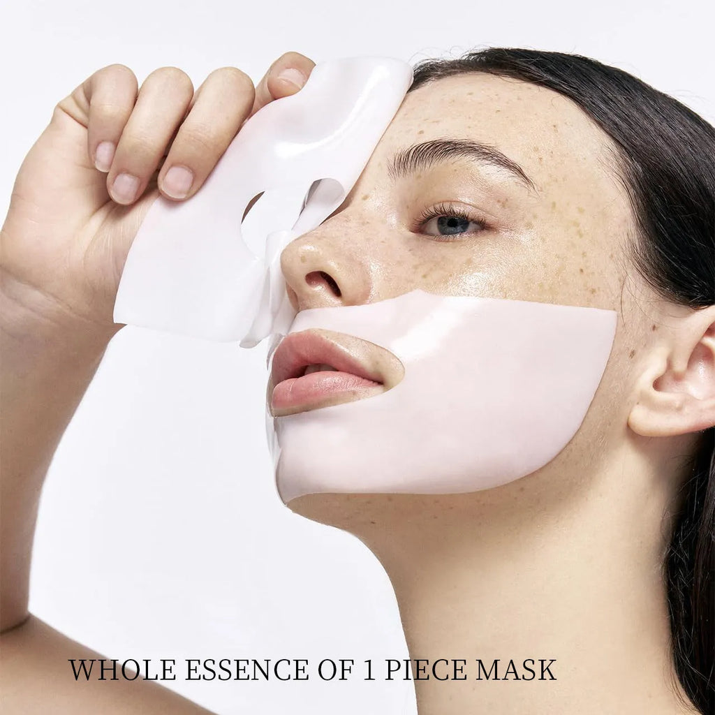 Box containing four white collagen layered patch sheet masks for facial skincare.