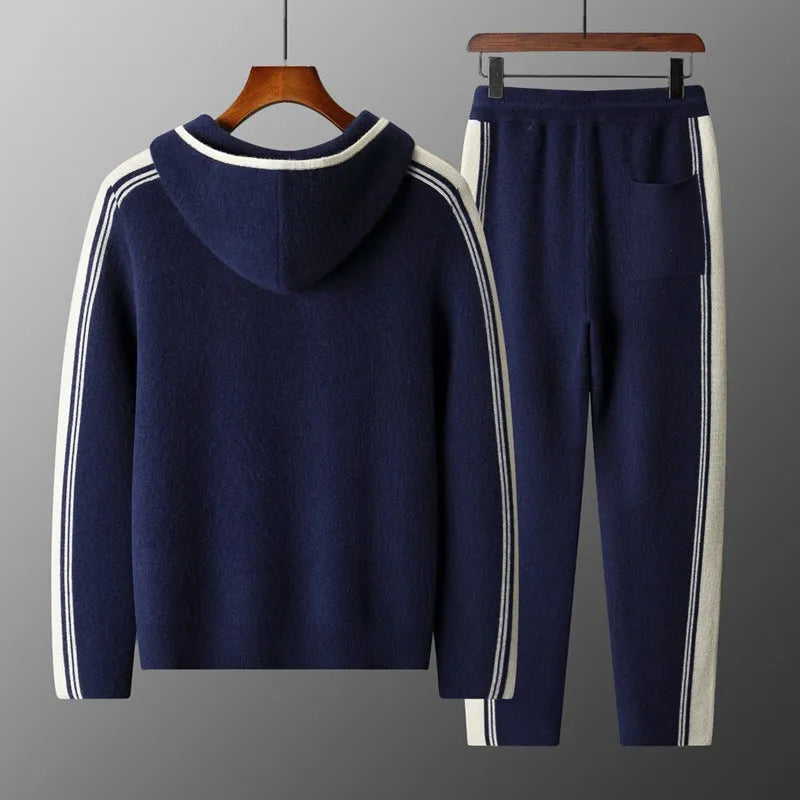 Men's wool cardigan hooded colour matching suit with long sleeves and trousers in dark blue