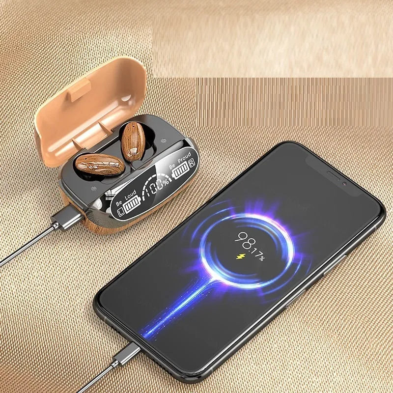 M35 wood grain finish wireless TWS earphones with charging case on display