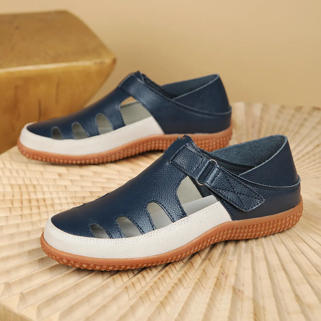 Plus size women's flat sandals with toe cap and hollow breathable design in blue colour