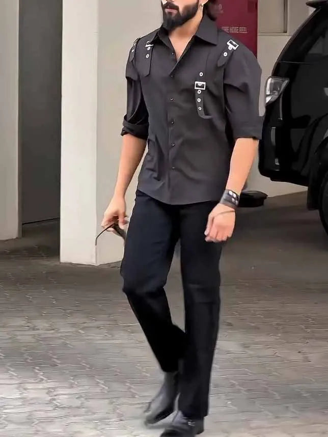 Men's black utility button-up shirt with regular fit