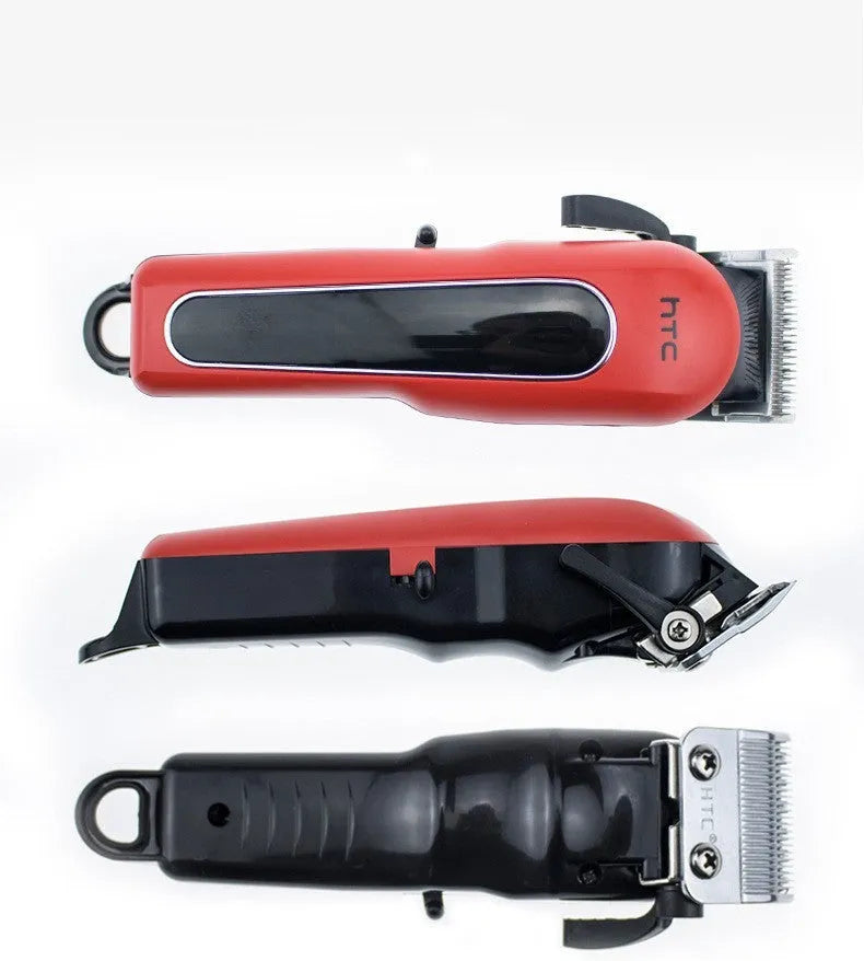 Professional digital electric hair clipper with four limiting combs, available in black, red, and white colours.
