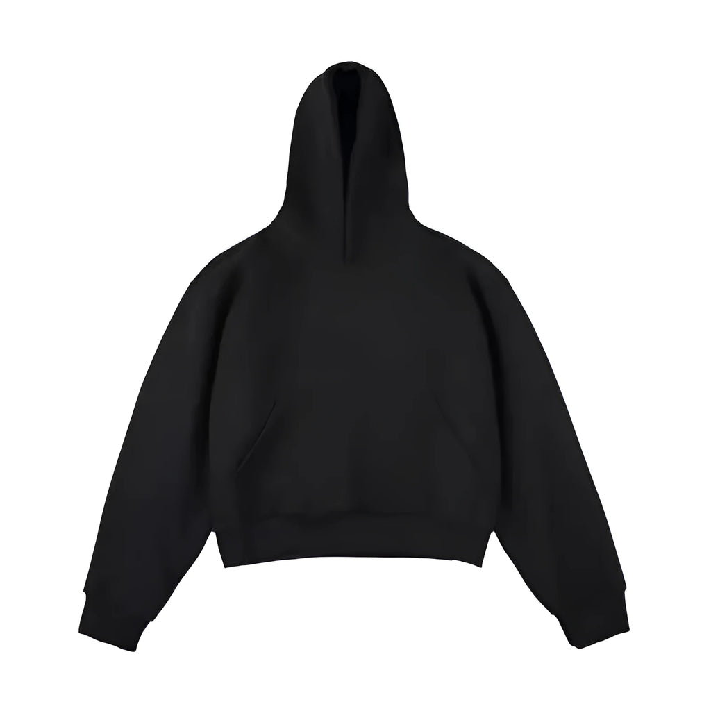 Short silver fox velvet hooded sweater in dark grey on a hanger, showing removable hood and long sleeves.