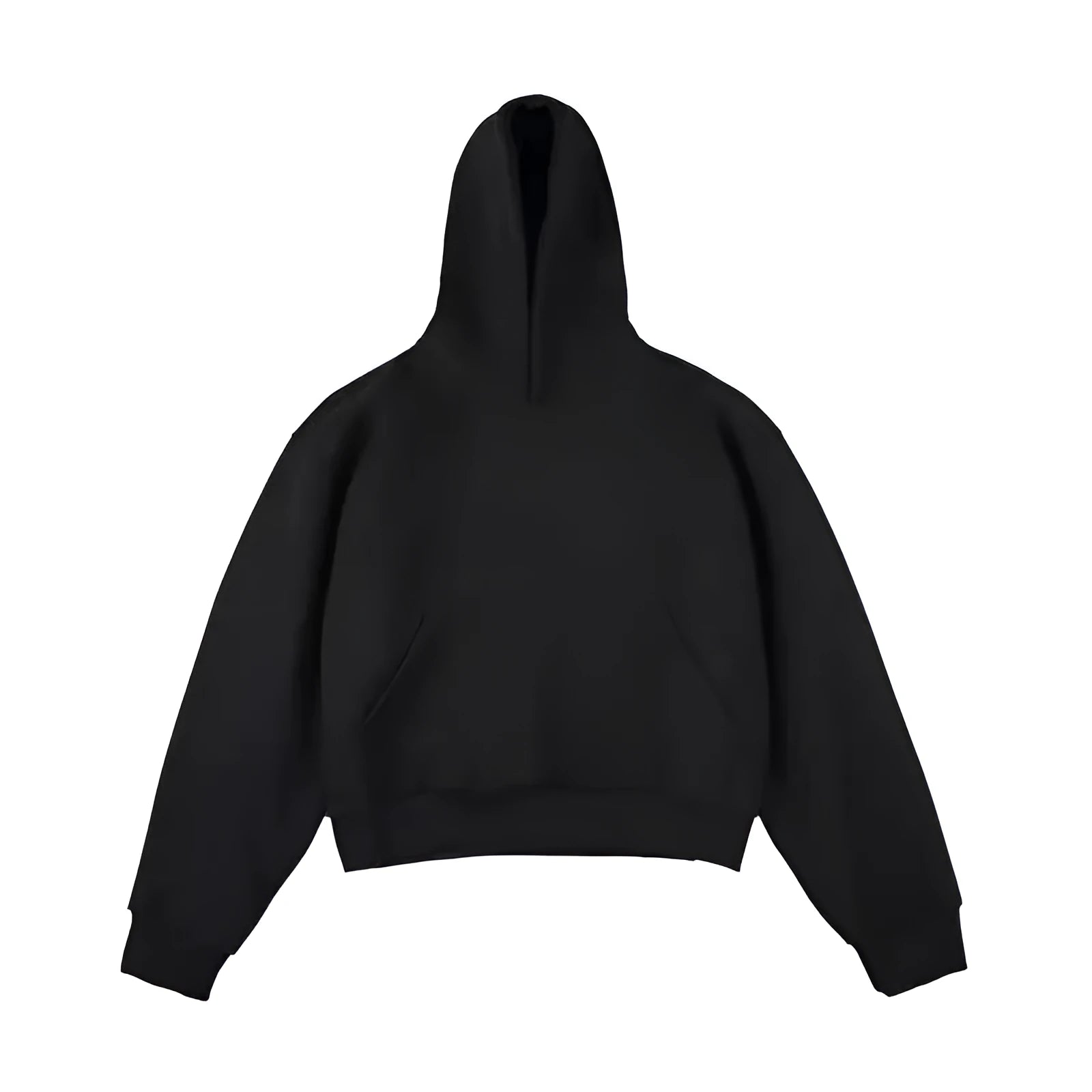 Short silver fox velvet hooded sweater in dark grey on a hanger, showing removable hood and long sleeves.