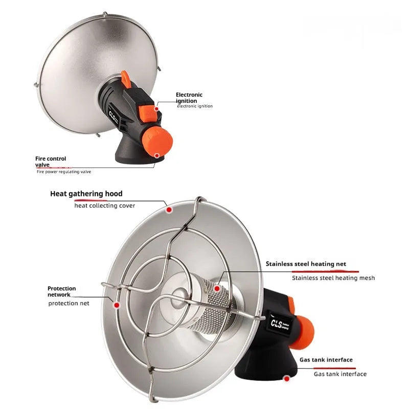 Black and orange portable heating stove for outdoor camping with automatic ignition
