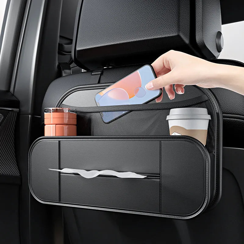 Black leather car seat rear storage bag showing dimensions and compartments for vehicle organisation