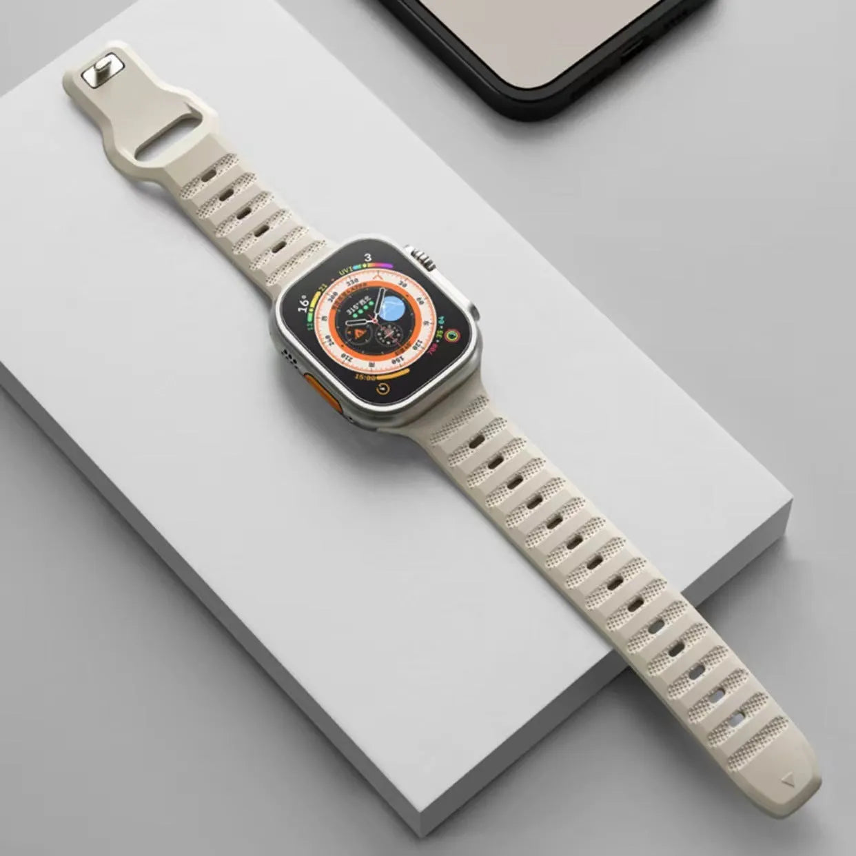 Fluoro rubber watch strap with T buckle for Apple Watch Ultra and Series models in multiple colours.