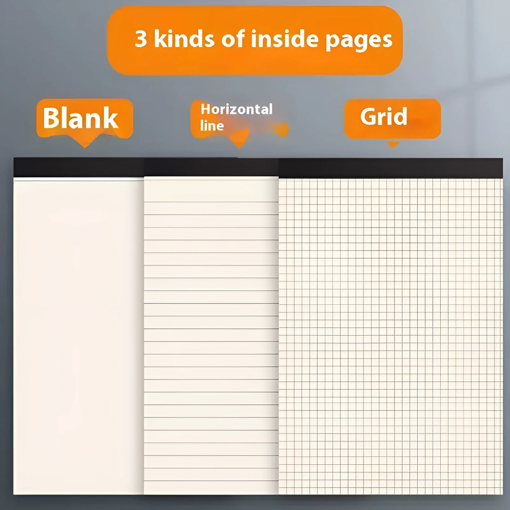 Tearable writing pad notebook in A5 size with grid ruling, 80 sheets.