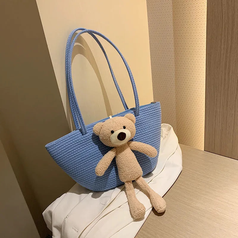 Cotton linen woven dumpling-shaped tote bag with double straps and three-dimensional pockets