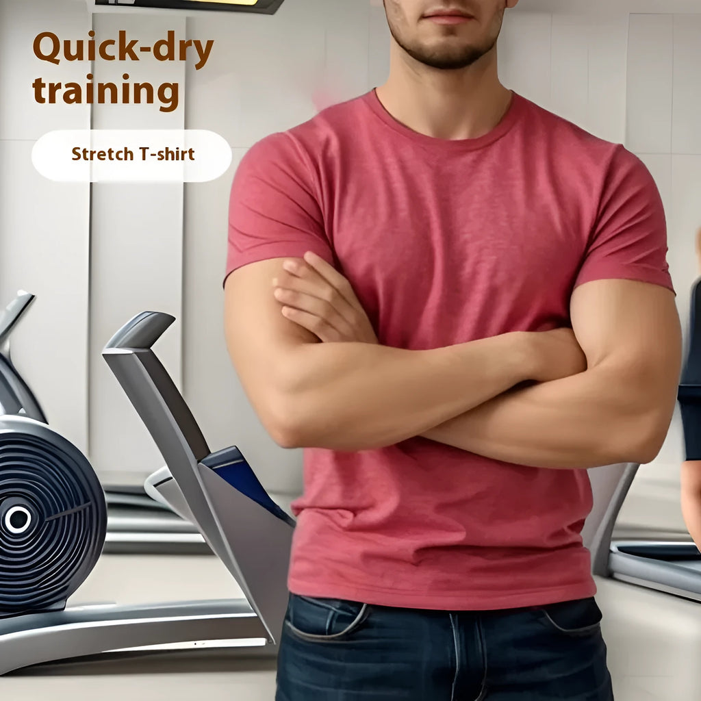 Men's black short sleeve casual T-shirt made from quick-dry polyester fabric on a hanger.