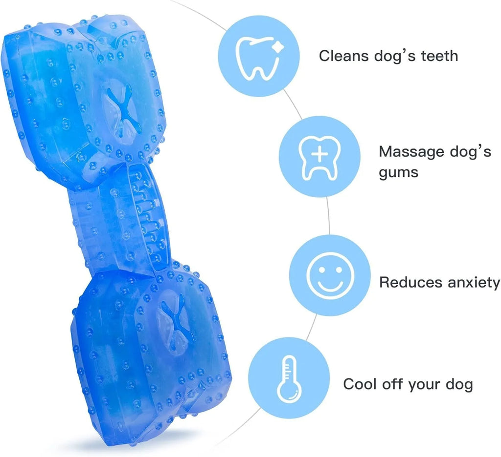 Freezable bone-shaped dog teether chew toy shown next to a circle-shaped version, both with treat-filling holes.