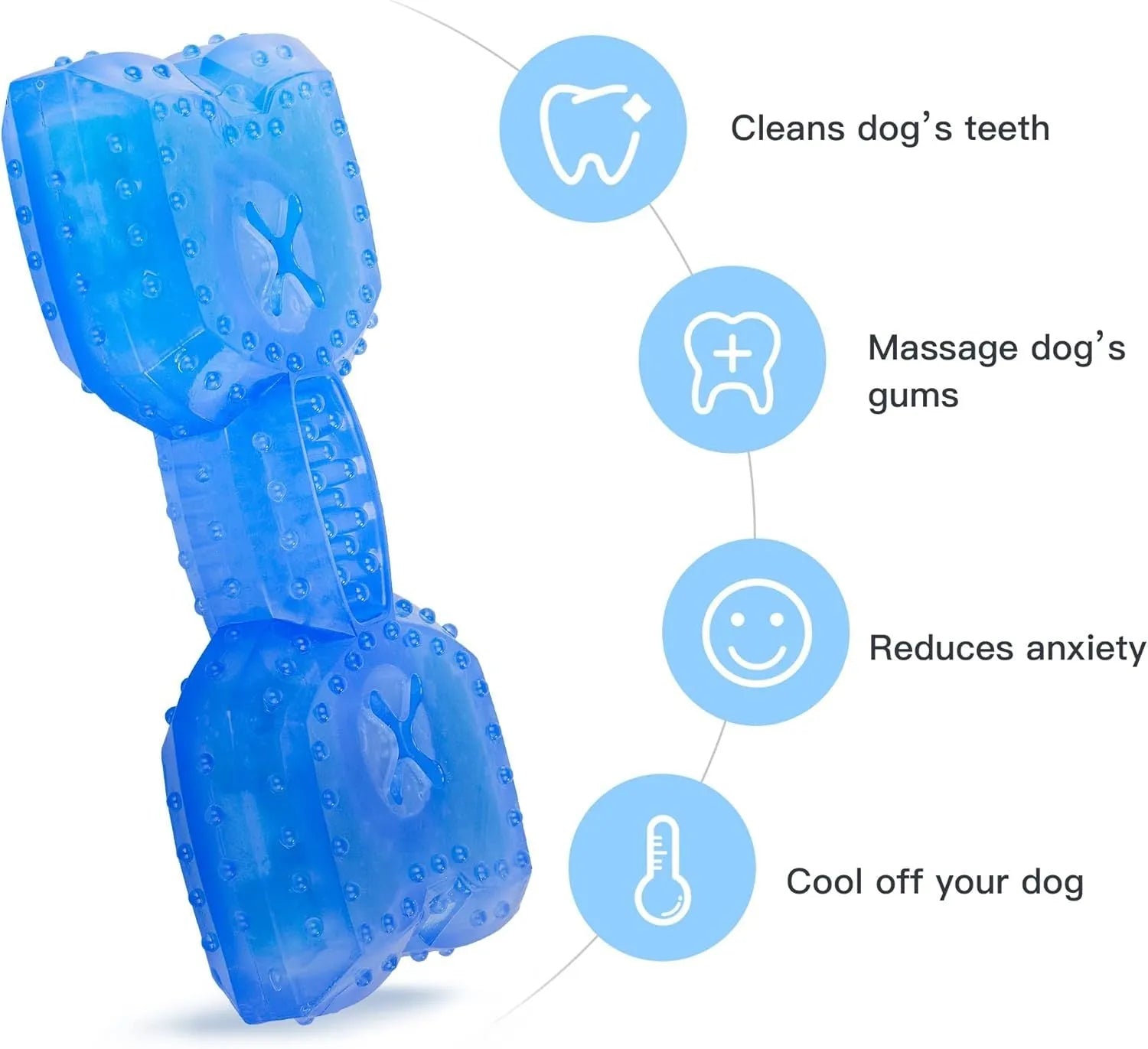 Freezable bone-shaped dog teether chew toy shown next to a circle-shaped version, both with treat-filling holes.