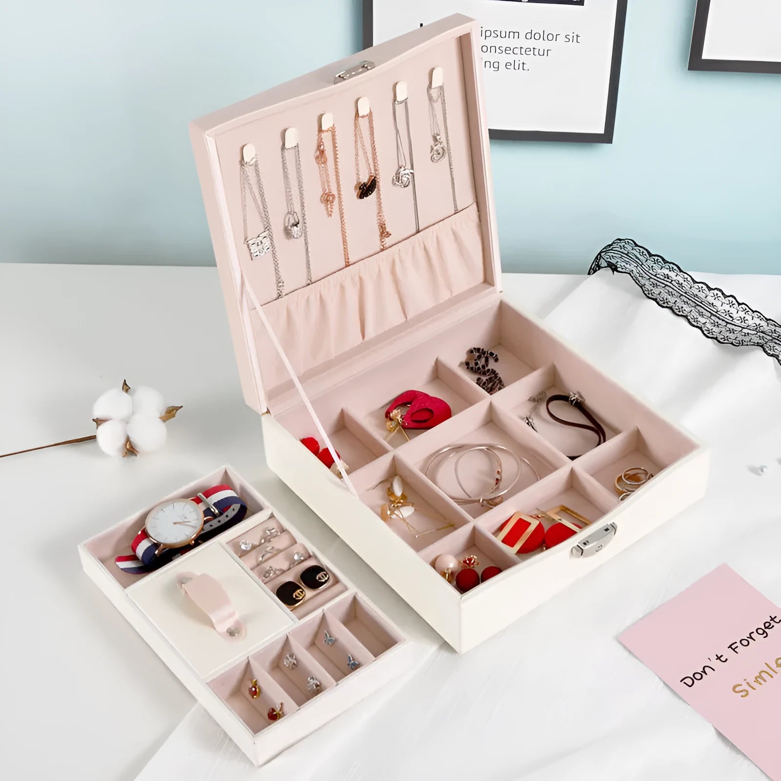 Large capacity jewellery storage box in solid red or white colour with fashionable simple design