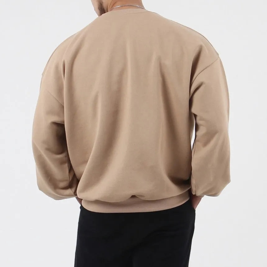 Men's heavy cotton loose fit pullover hoodie in round neck style, available in Black, Grey, Khaki, Navy Blue, sizes L to 3XL.