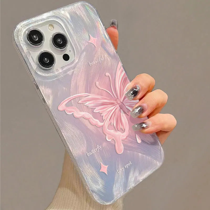 Transparent PC silicone phone case with feather yarn butterfly design for Apple iPhone