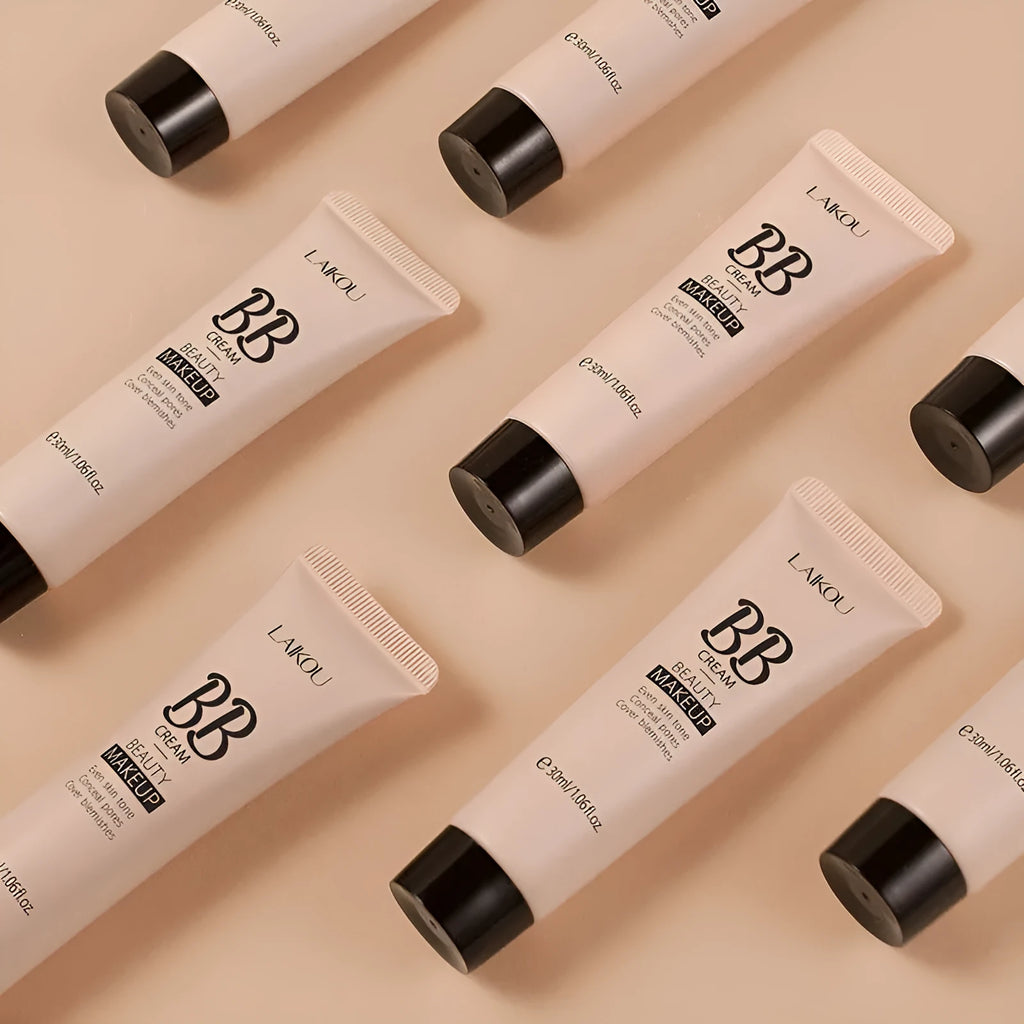 30ml hose tube of BB cream showing nine shade options from ivory white to brown