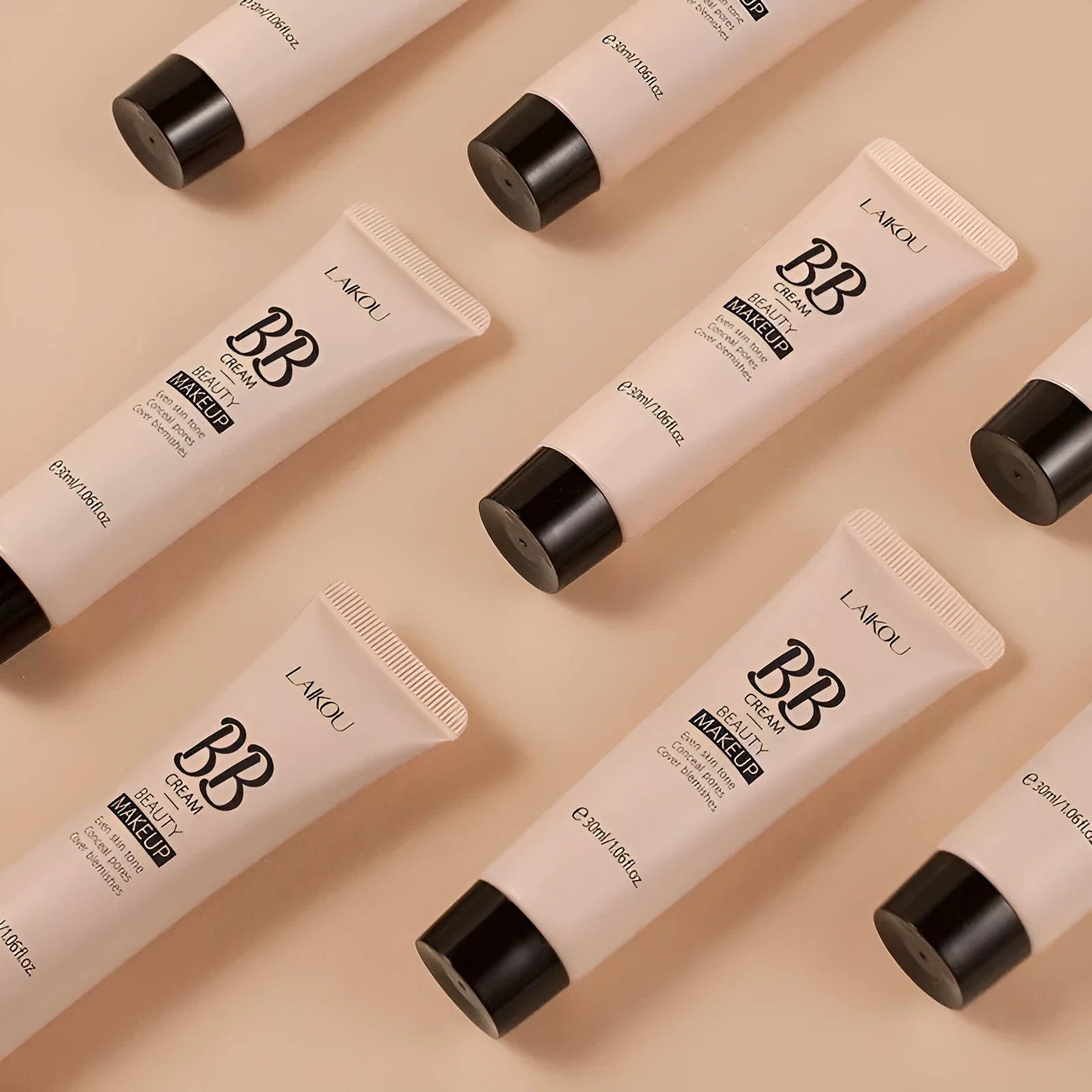 30ml hose tube of BB cream showing nine shade options from ivory white to brown
