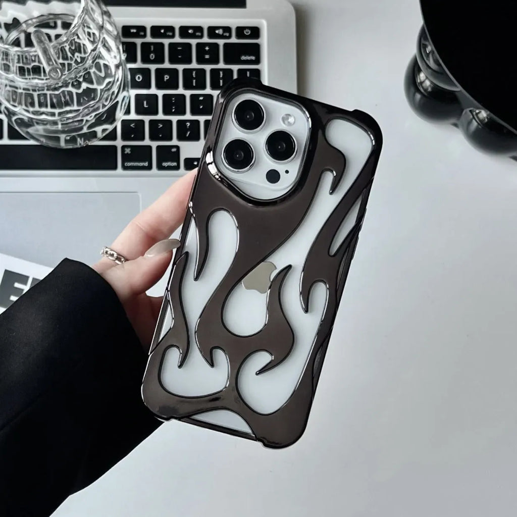Electroplating hollow flame pattern design TPU phone case for Apple iPhone in metallic colours.