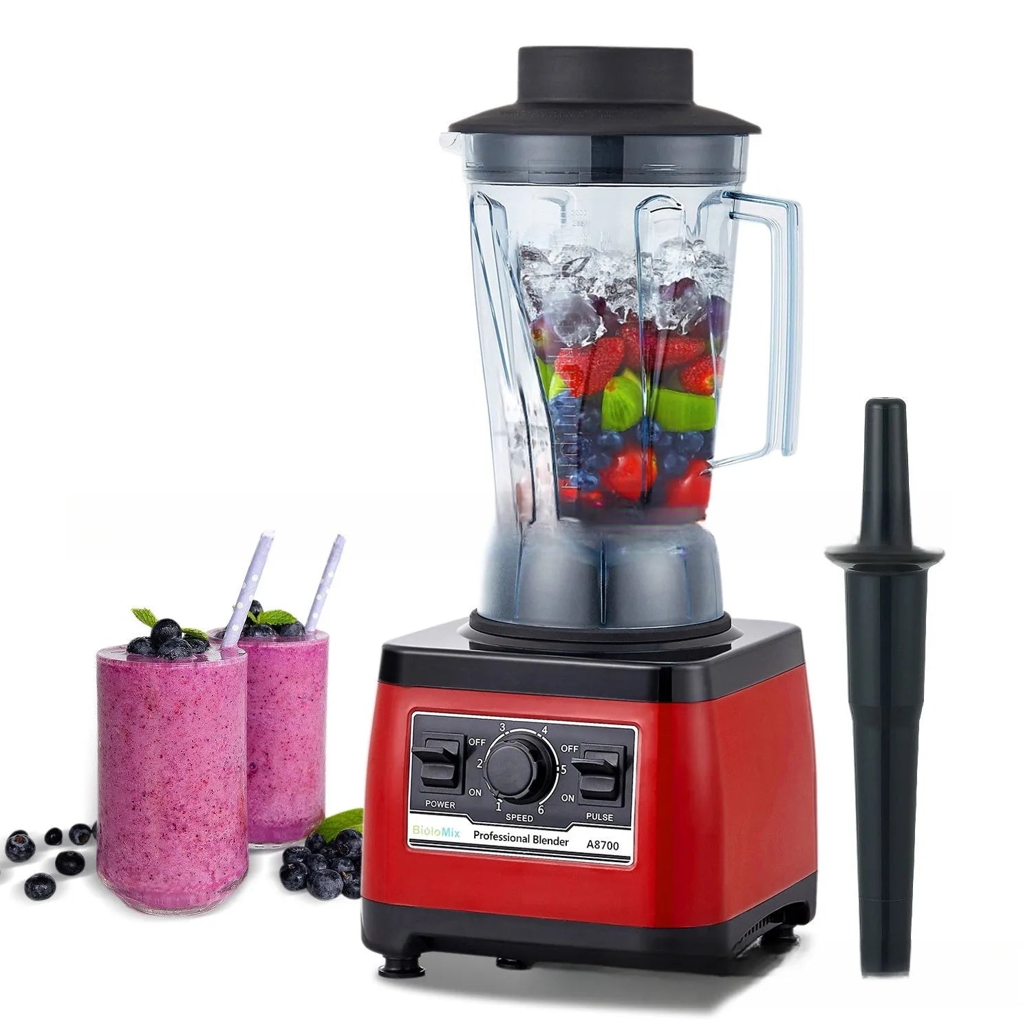 Red industrial-style commercial blender with 2200W power and 2-litre capacity jug.