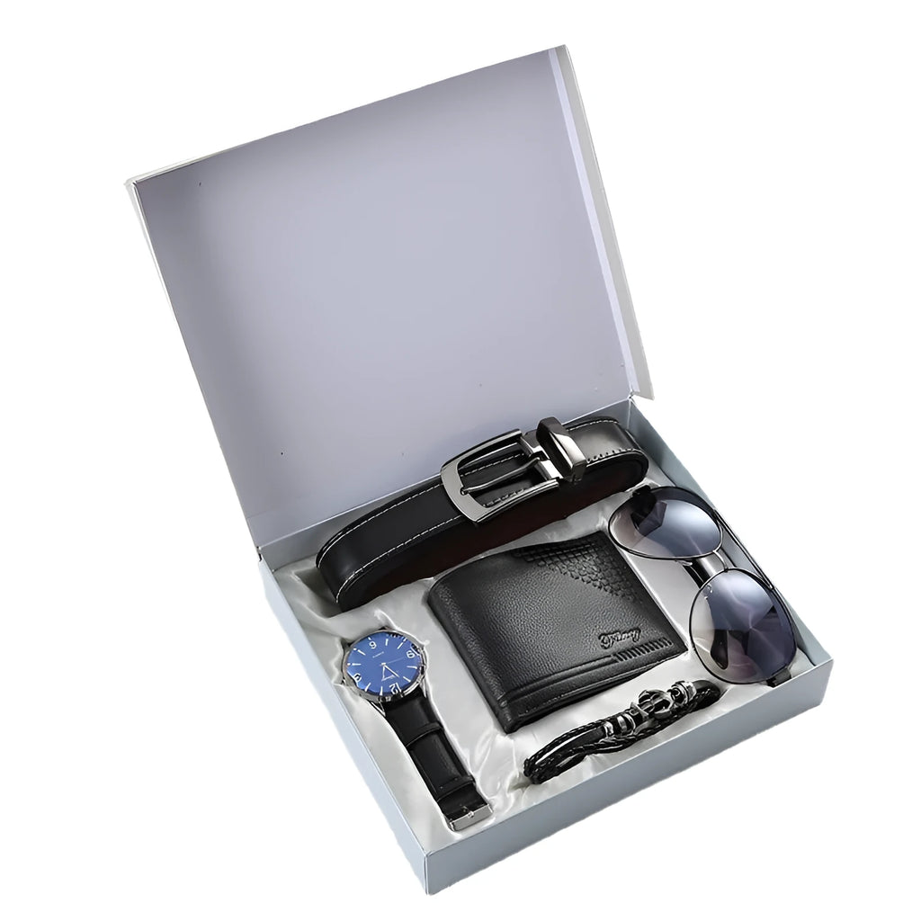 Chinese style five-piece business gift set with watch, belt, glasses, bracelet, and wallet