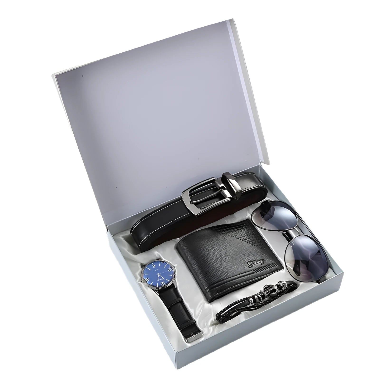 Chinese style five-piece business gift set with watch, belt, glasses, bracelet, and wallet