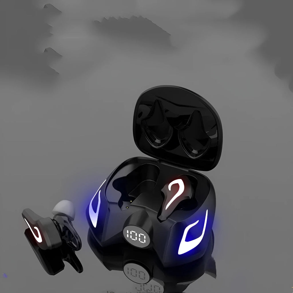 Black Bluetooth gaming headset with illuminated colour LED lights on the ear cups.