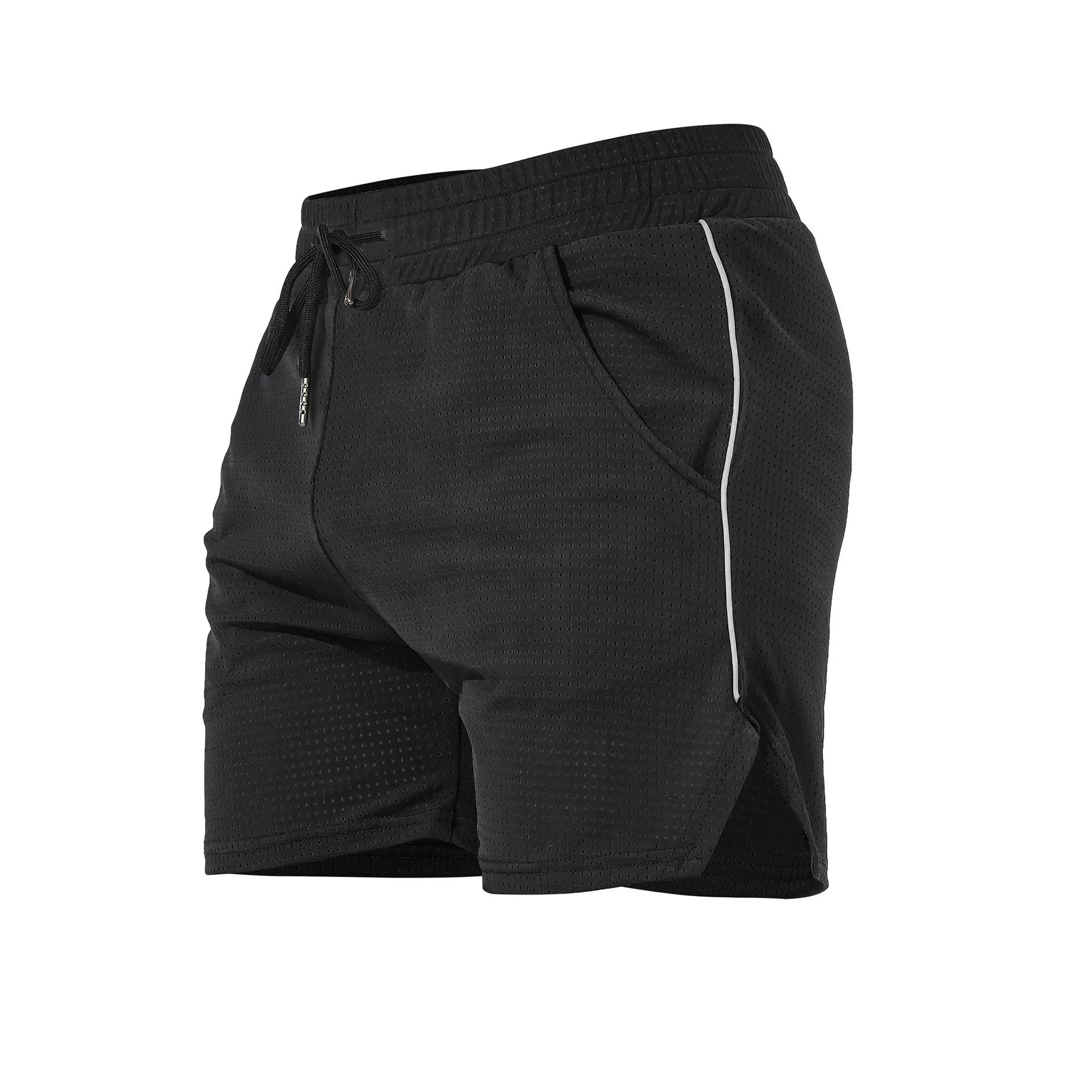Men's black polyester sports shorts with straight-leg design for fitness and casual wear