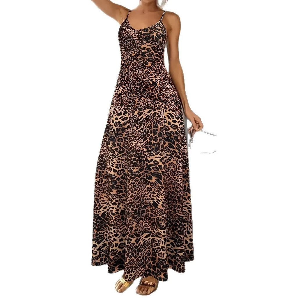 Women's dark brown leopard print dress with sleeveless round neck and long hip skirt