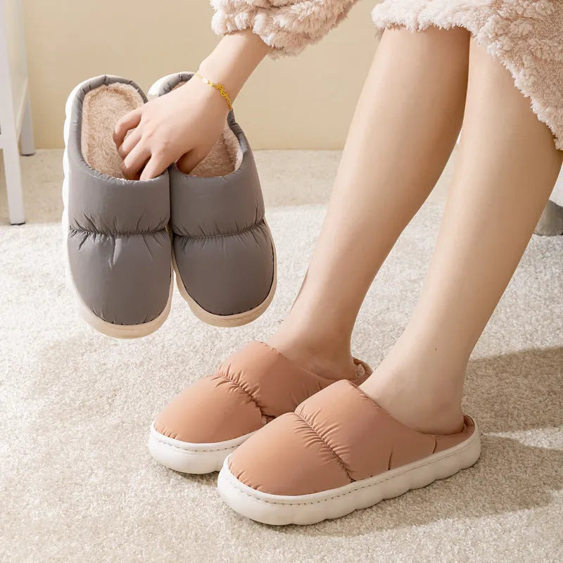 Down cotton slippers with artificial leather upper and thick rubber soles in multiple colour options
