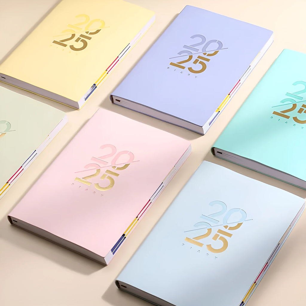 A5 daily planner notebook with faux leather cover open on a desk