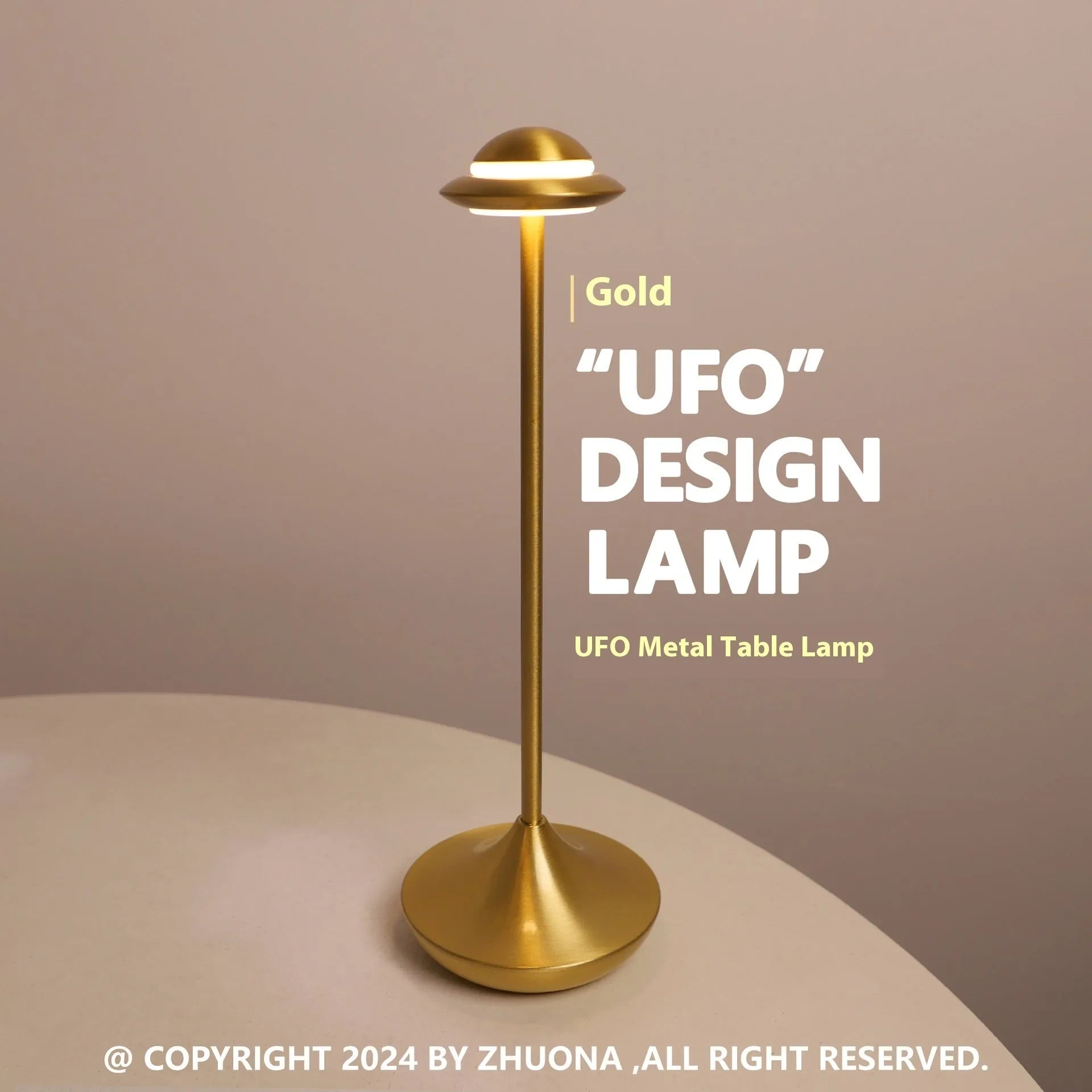 Rechargeable UFO table lamp in gold, grey or black with touch dimming controls