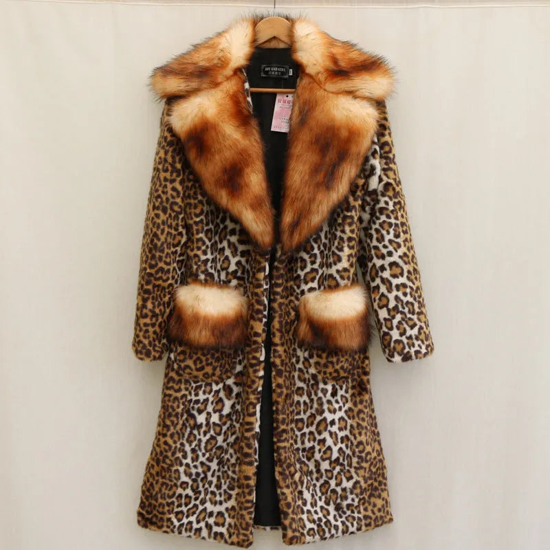 Women's long leopard print artificial fur jacket with regular sleeves on a hanger