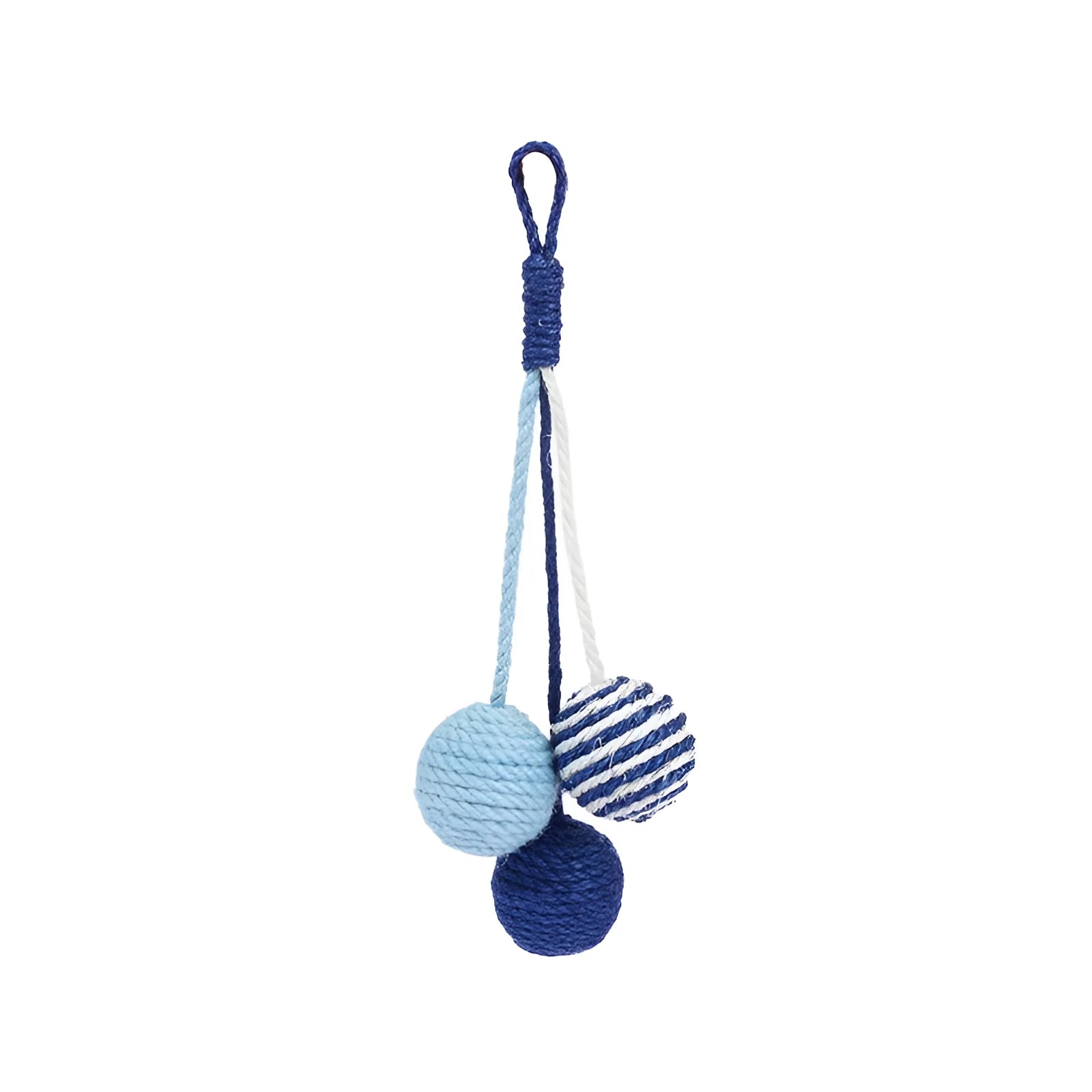 Blue and green cat toy set with a teaser stick and a catnip ball on a white background.