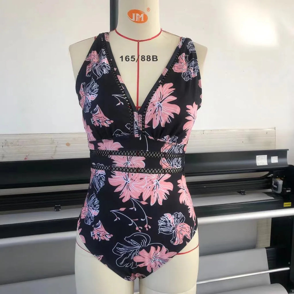 Women's black printed plus size polyester mesh bikini for swimming