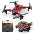 Compact orange quadcopter drone with four propellers and a dual camera system on a black background.