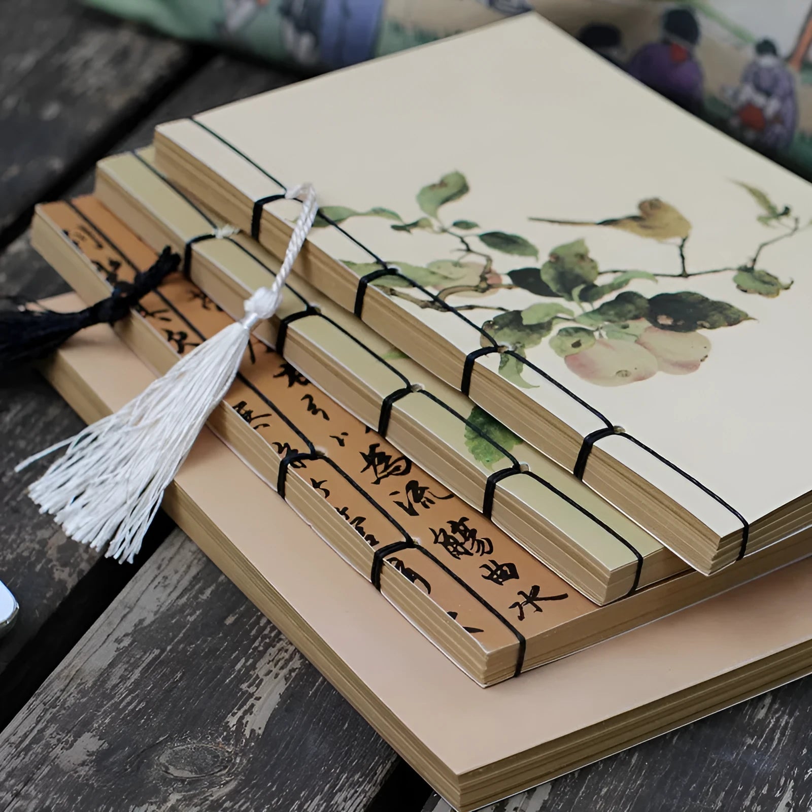 Retro antique wire-bound ledger notebook with embossed cowhide cover and decorative tassels