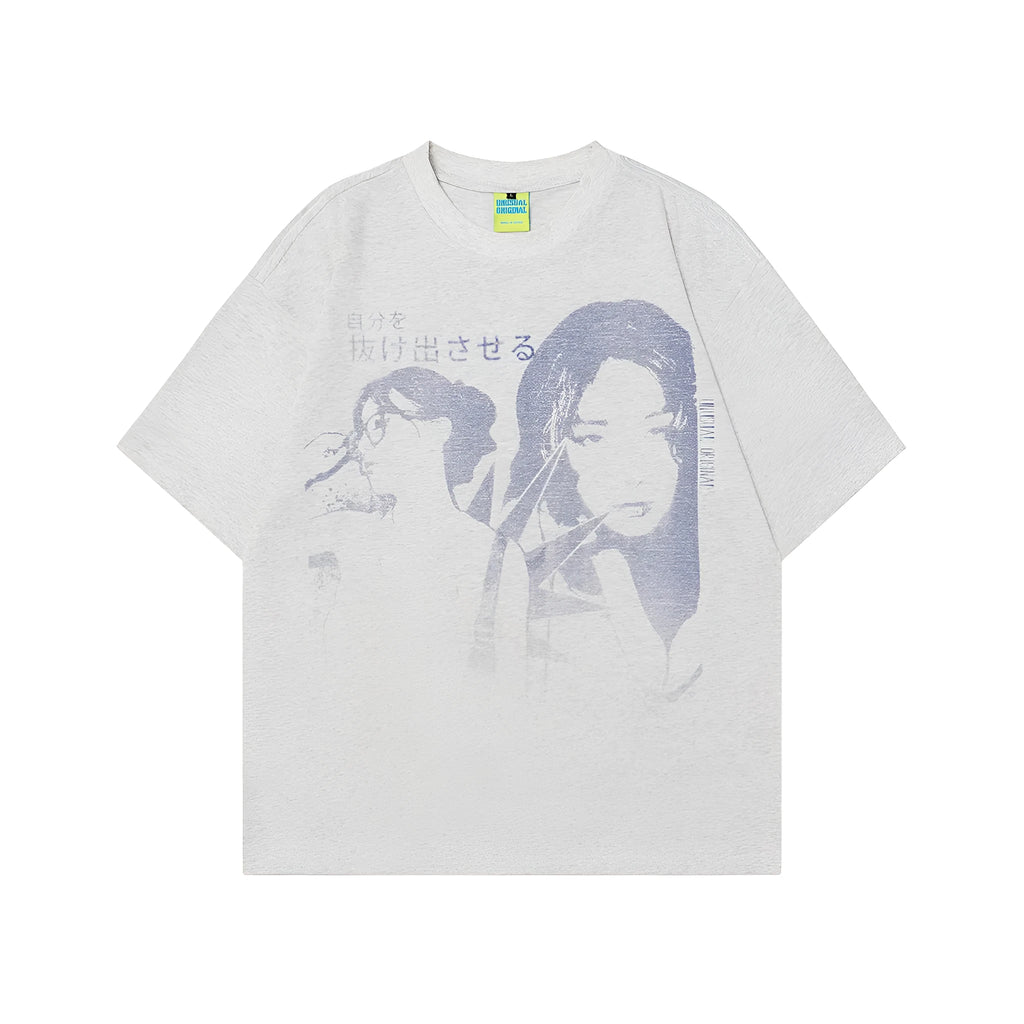 Men's loose fit pure cotton short sleeve t-shirt with retro graphic print in black or melange gray