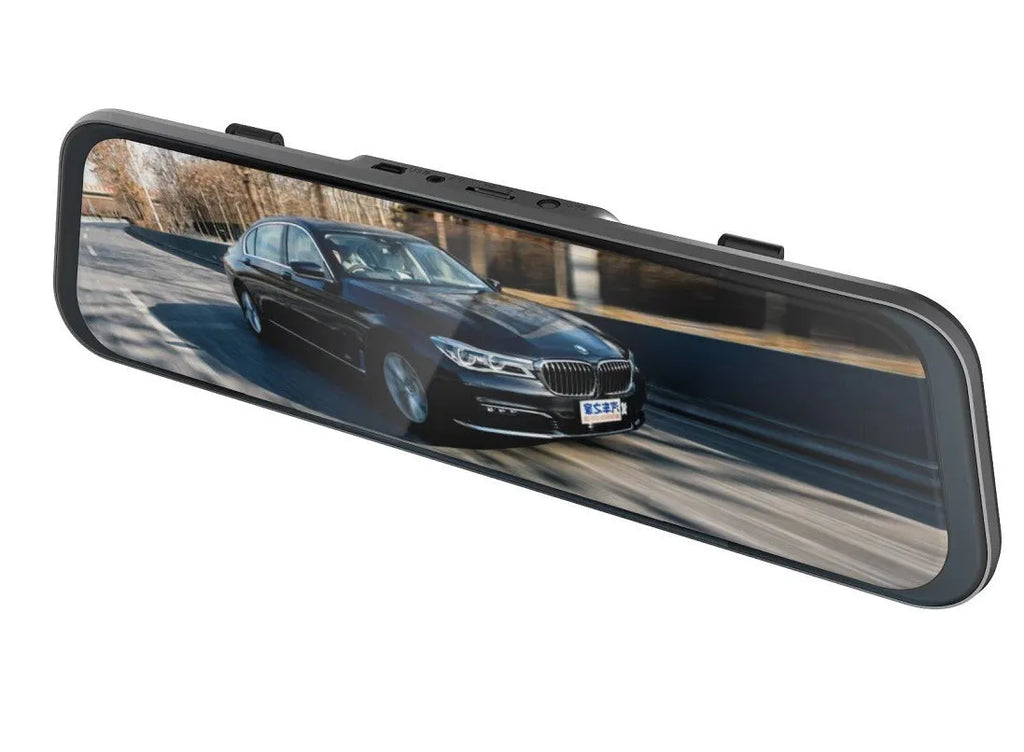 Black rearview mirror driving recorder with 10-inch touch screen display mounted in a car.