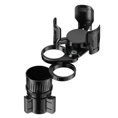 Black carbon fibre adjustable car cup holder with retractable base on a 6.5-10 cm range.