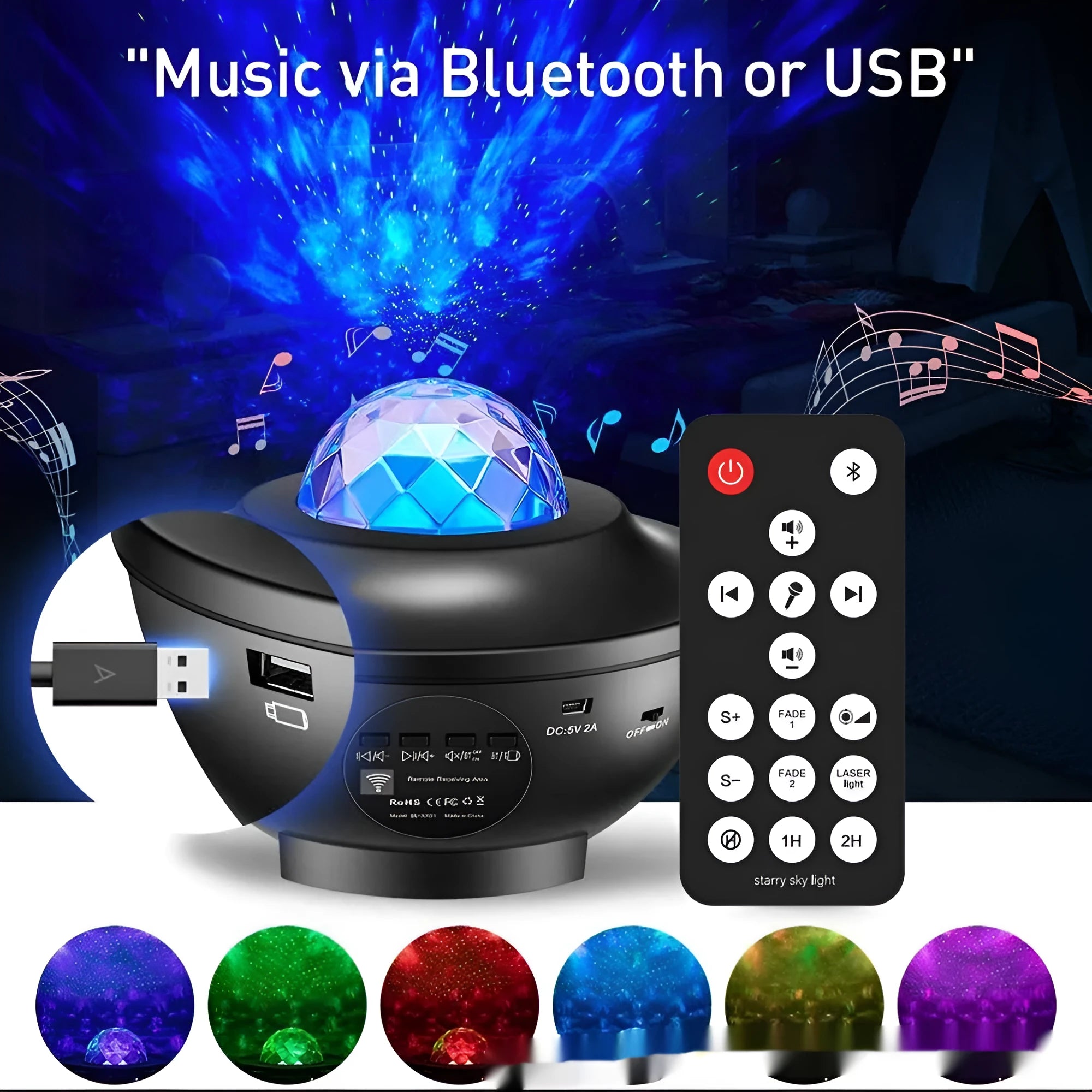 Black parallel style starry sky projection lamp with rotating water ripple laser effects on desktop
