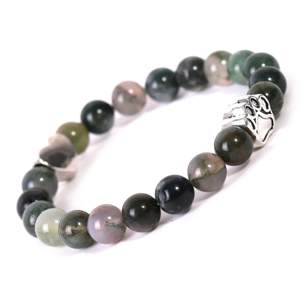 Tigereye Indian Agate stone bracelet with dog's paw geometric design and beaded texture