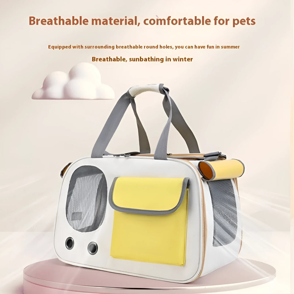 Foldable single shoulder pet carrier bag in black, green, or yellow canvas with large capacity interior