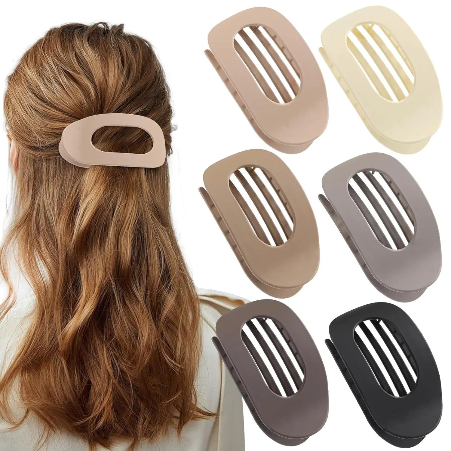 Six rose red plastic hair clips with frosted grip and quadrilateral shape
