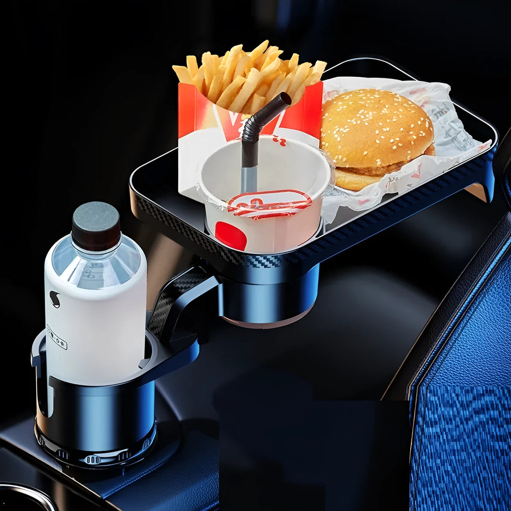 Black ABS plastic car-mounted 360-degree rotating dinner tray holder showing rotation mechanism