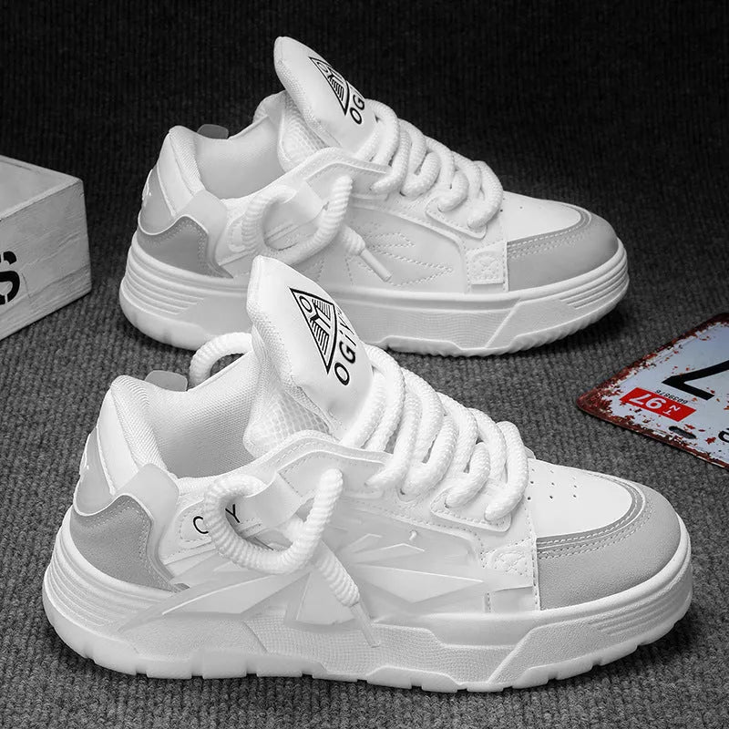 Men's white chunky sole casual sneakers with synthetic leather upper and round toe on a plain background.