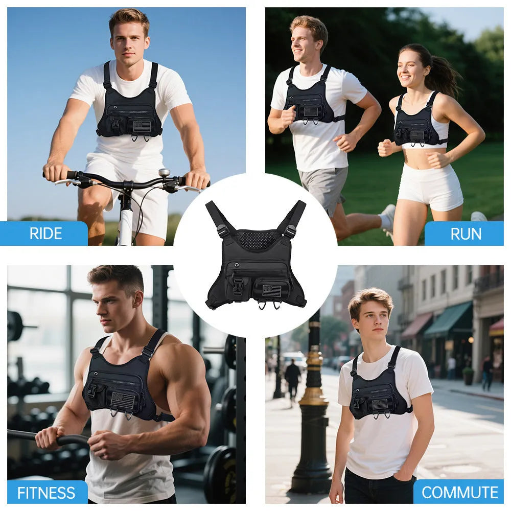 Oxford cloth chest bag with breathable vest design for riding and cycling in black colour