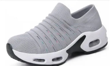 Women's plus size stretch knit socks shoes in Tao dark blue colour with mesh upper and low heel.