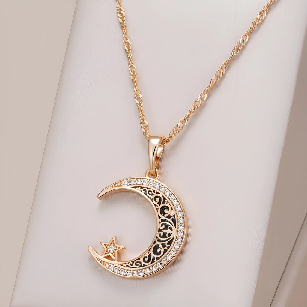 Rose gold star moon necklace with zircon pendant on water wave chain