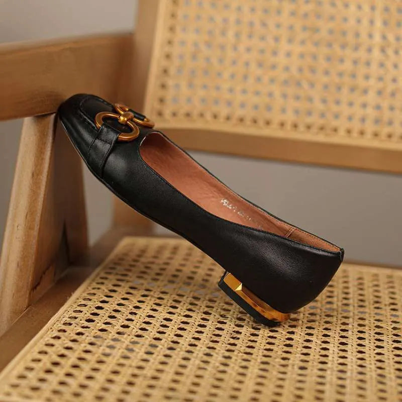 Women's Mary Jane pumps with decorative metal strap, square toe, and shallow mouth design in multiple colour options