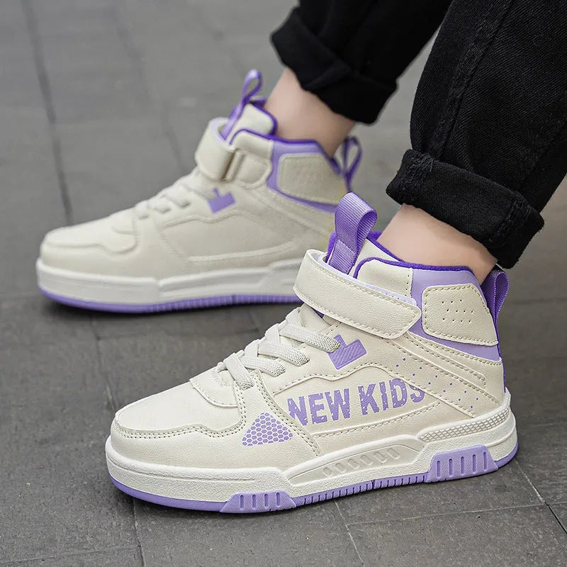Children's colourful street sneakers with a buckle and letters pattern in beige green, blue, white, or purple.